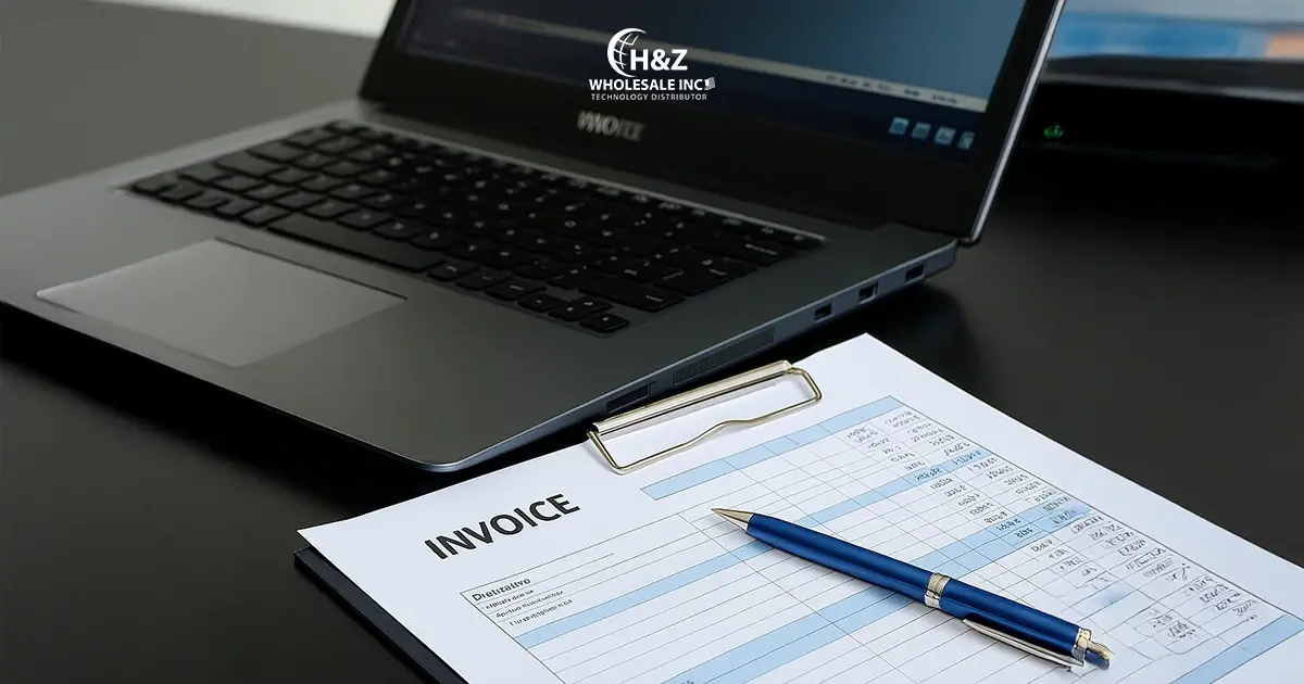 Invoice and pen on desk to buy laptops in bulk online