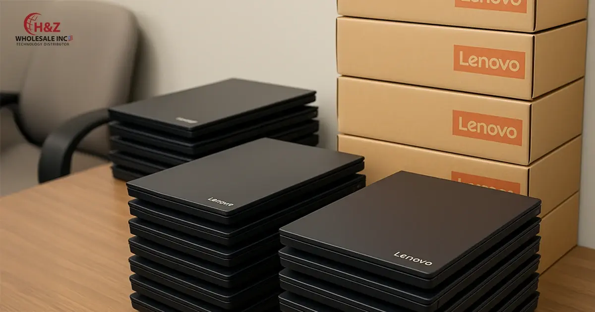 Stacked Lenovo units ready to buy laptops in bulk today