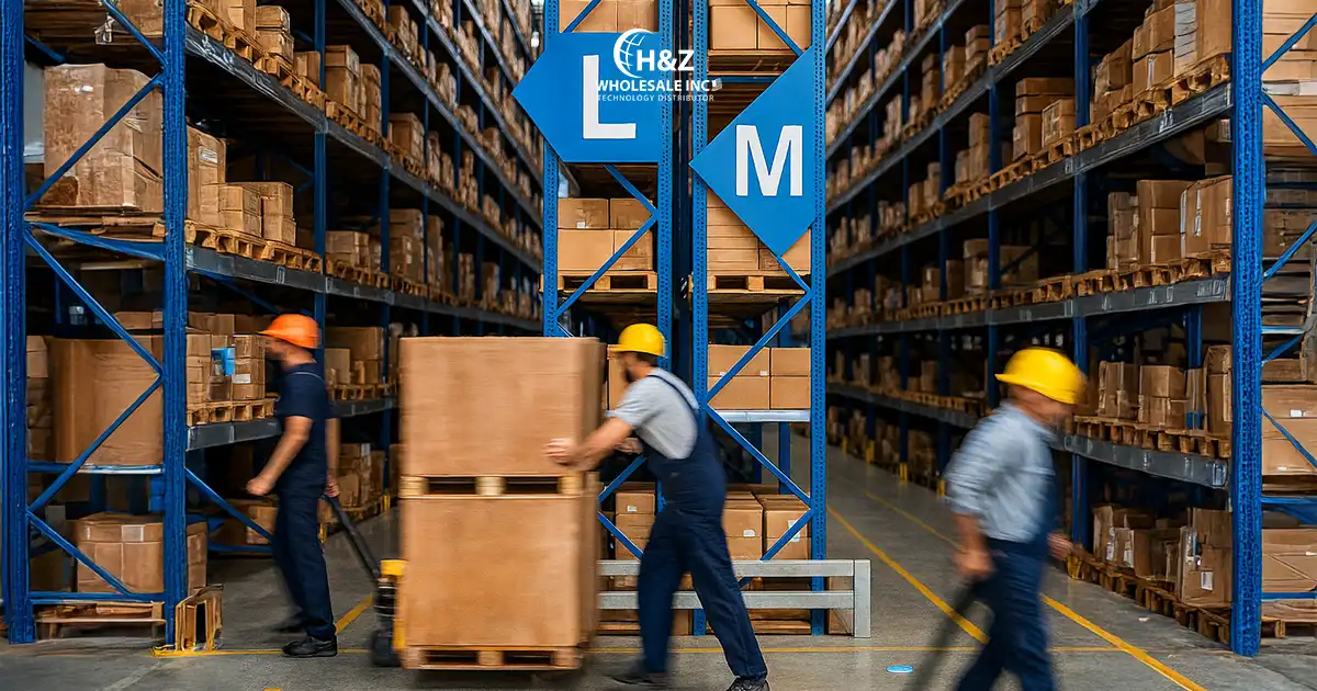 Buy Game Consoles in Bulk – Workers Moving Stock in Warehouse